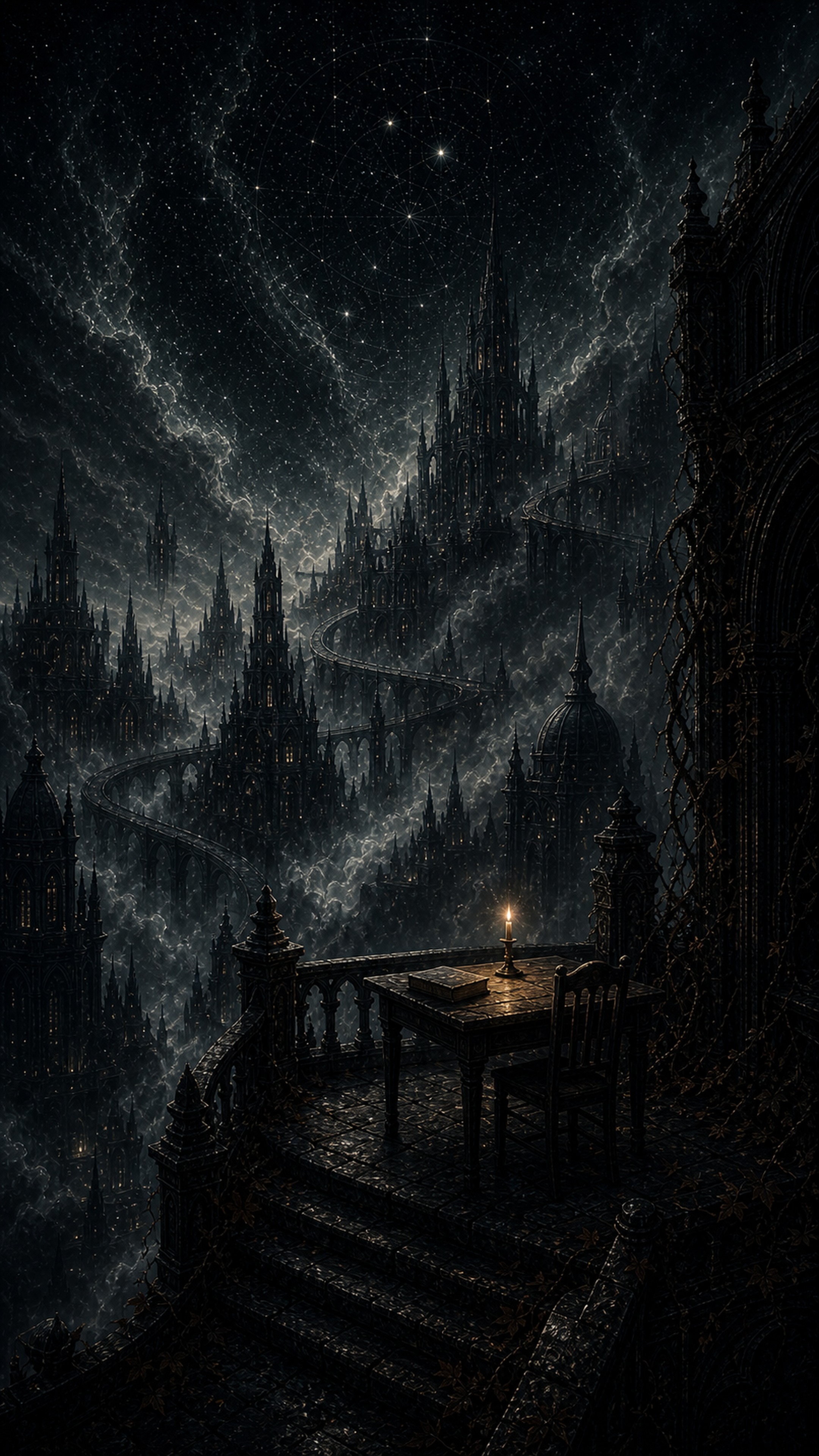 A candlelit writing desk overlooks a vast gothic dream city
