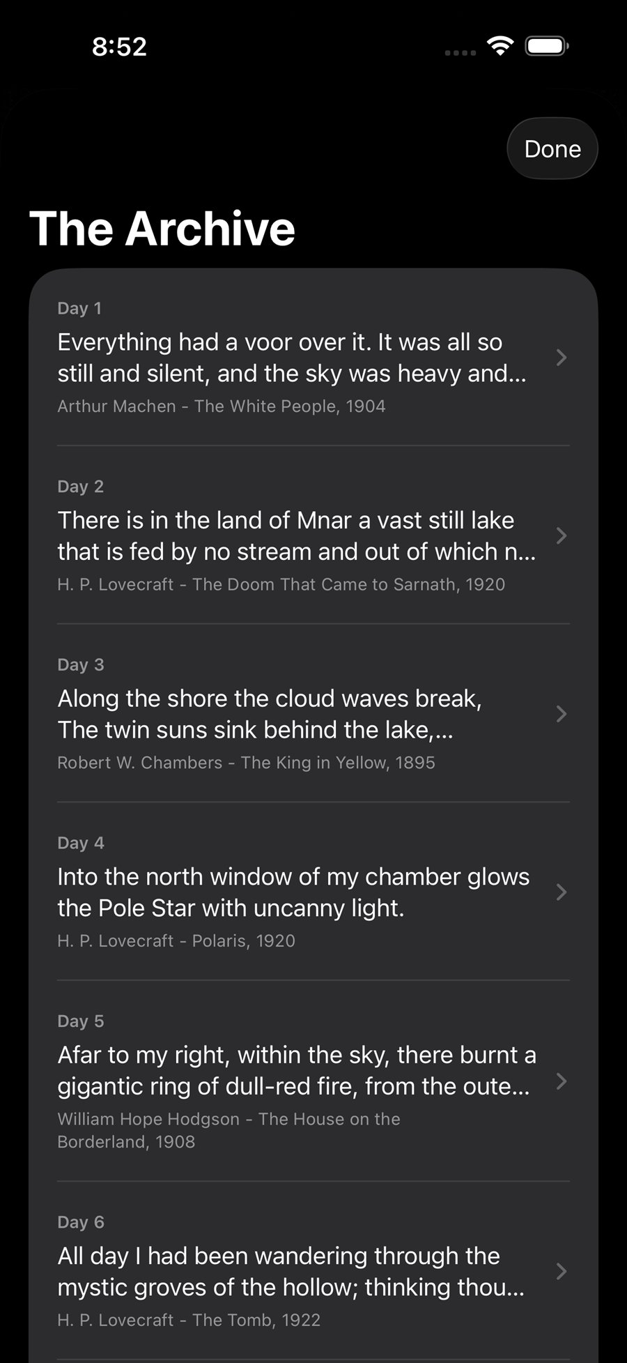 Void: Eldritch Daily archive list on iPhone