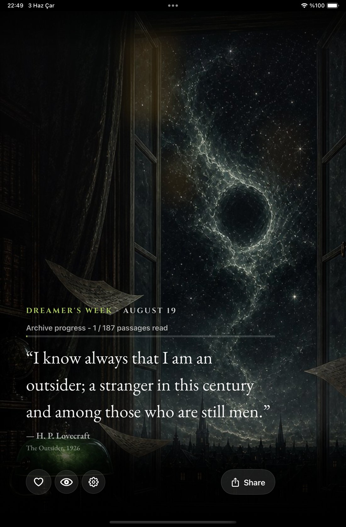 Void: Eldritch Daily reading screen on iPad