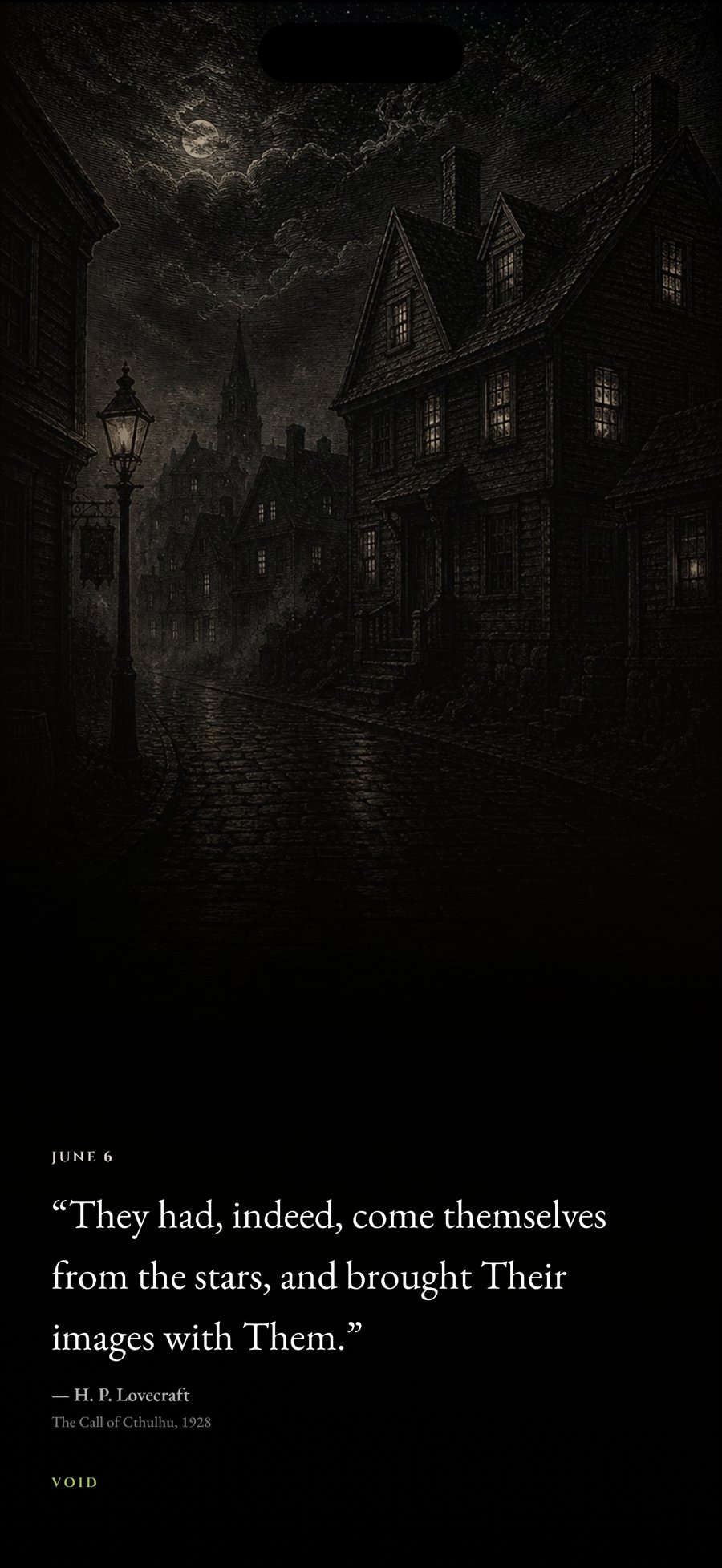 Void: Eldritch Daily share card with dark artwork and a quote