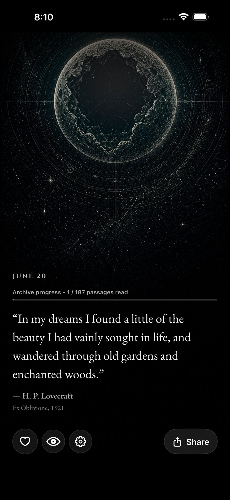 Void: Eldritch Daily iPhone Today screen with a daily weird-fiction passage